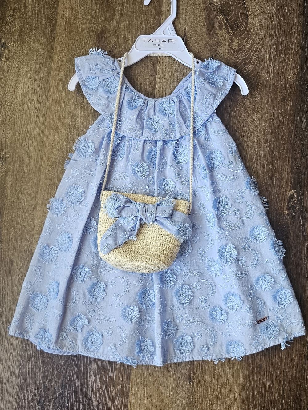 Tahari Pale Blue Floral Appliqué Swing Dress with Straw Crossbody